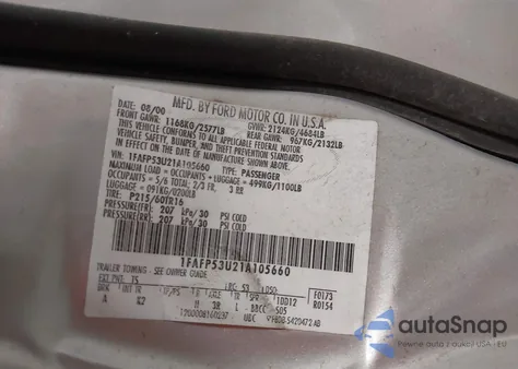 2001 Ford Taurus Se from USA, damaged, VIN 1FAFP53U21A105660